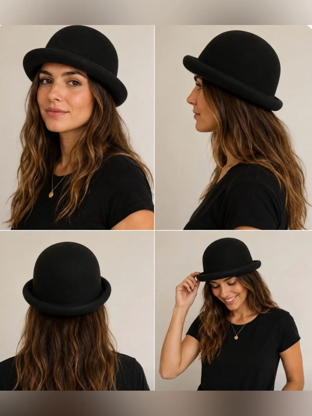 Classic Black 100% Wool Bowler Hat - Women's Accessory